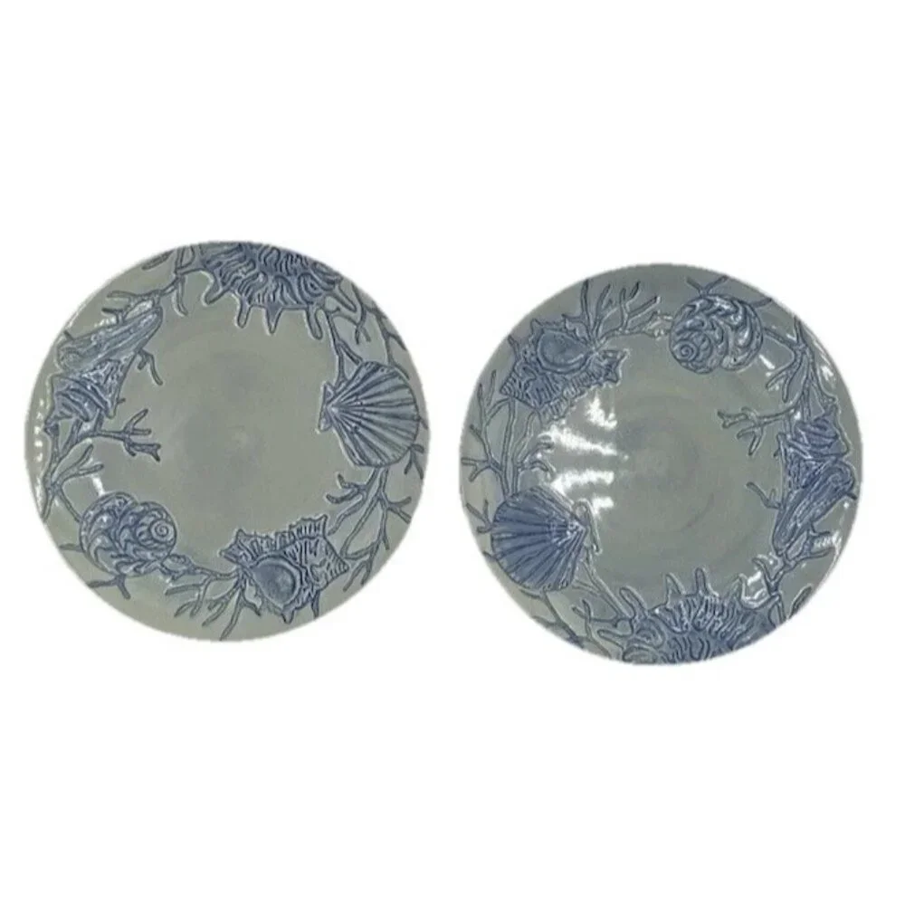 Pottery Barn Salad Plate Dessert Blue Shell Ocean Beach Coastal Coral  8